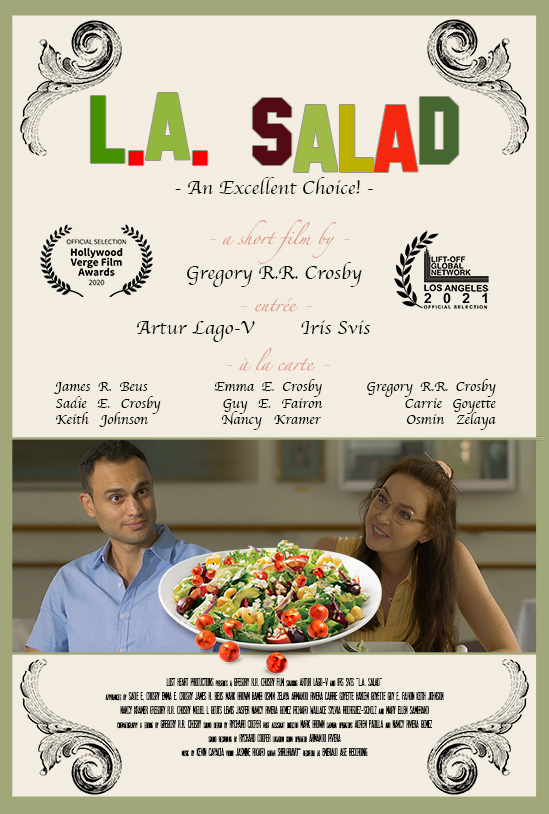 "L.A. Salad" Movie poster with the title in shades of green and red. The layout resembles a fancy dinner menu.
